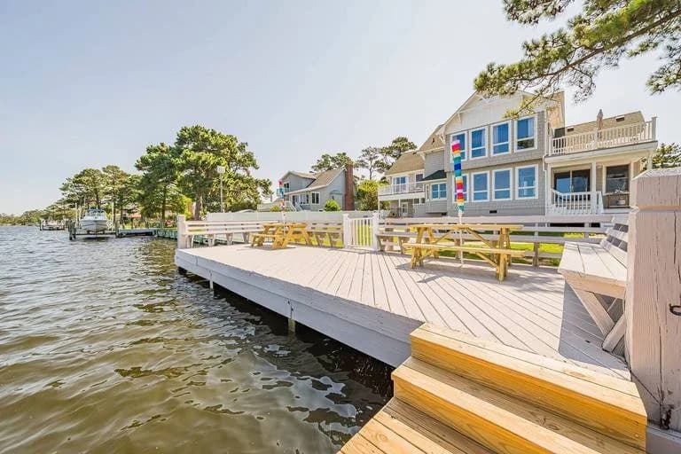 Soundfront dock with vacation homes overlooking calm water on the Outer Banks